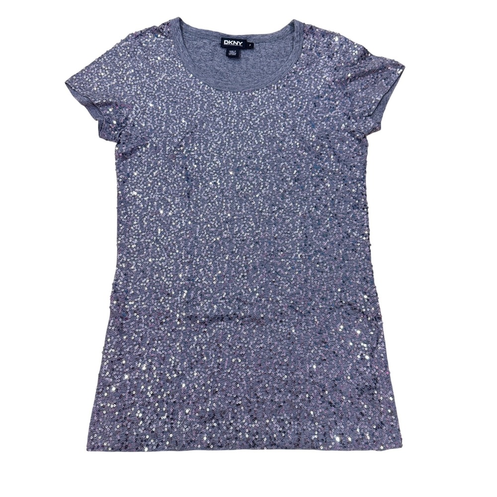 DKNY Women Gray Full Sequin Short Sleeve T-Shirt Top Size P Petite
